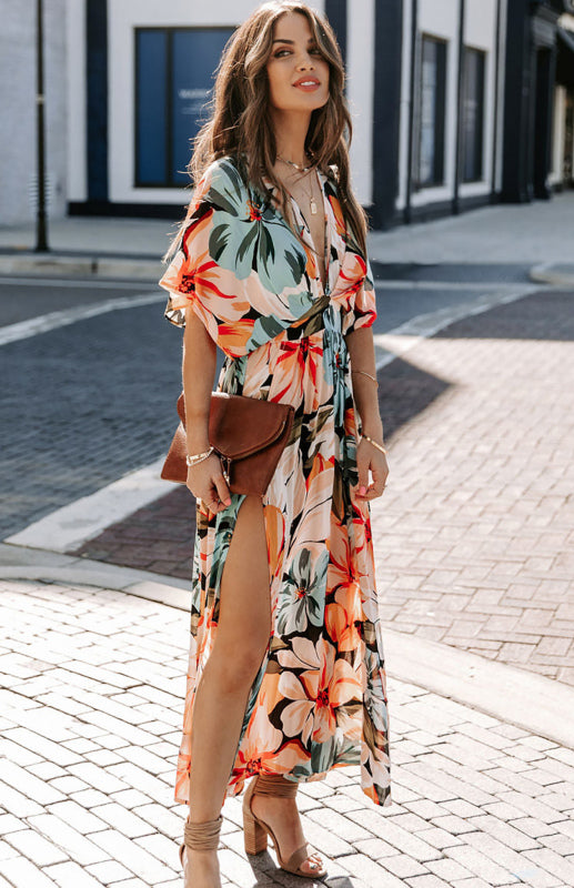 Women's Orange Split Floral Kimono Long Dress – Negus